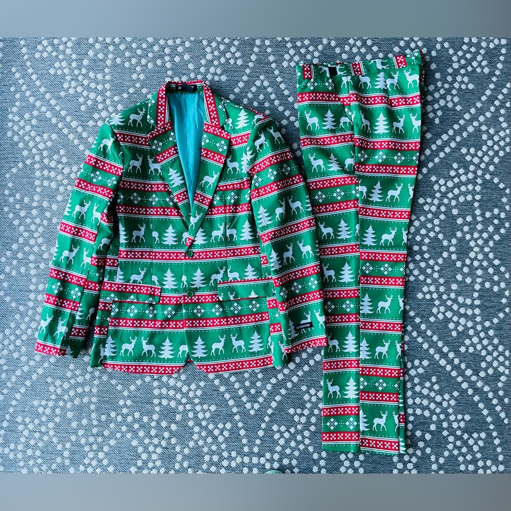 Christmas Holiday  Mens Suit Medium 38 40 Coat Jacket Pants Red Green Blazer - Picture 2 of 12
